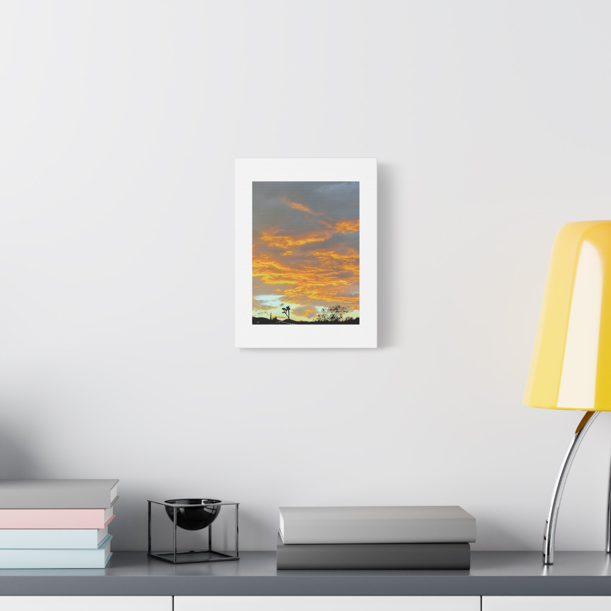 Joshua Tree Fire Sky Print — Golden Sunset Clouds Desert Silhouette Wall Art