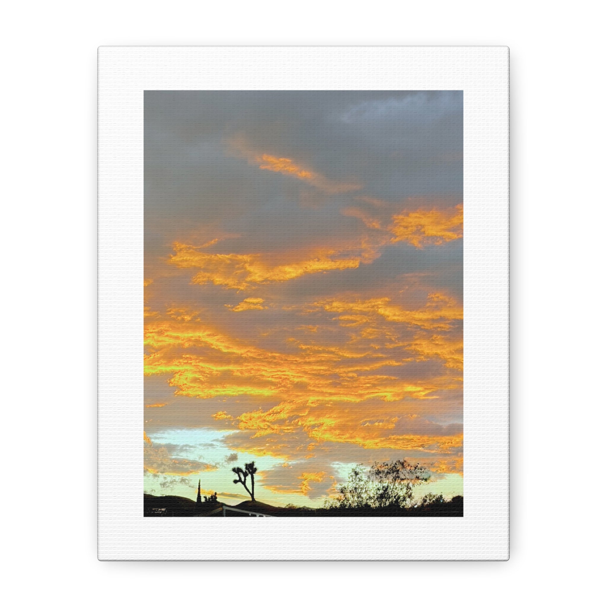 Joshua Tree Fire Sky Print — Golden Sunset Clouds Desert Silhouette Wall Art