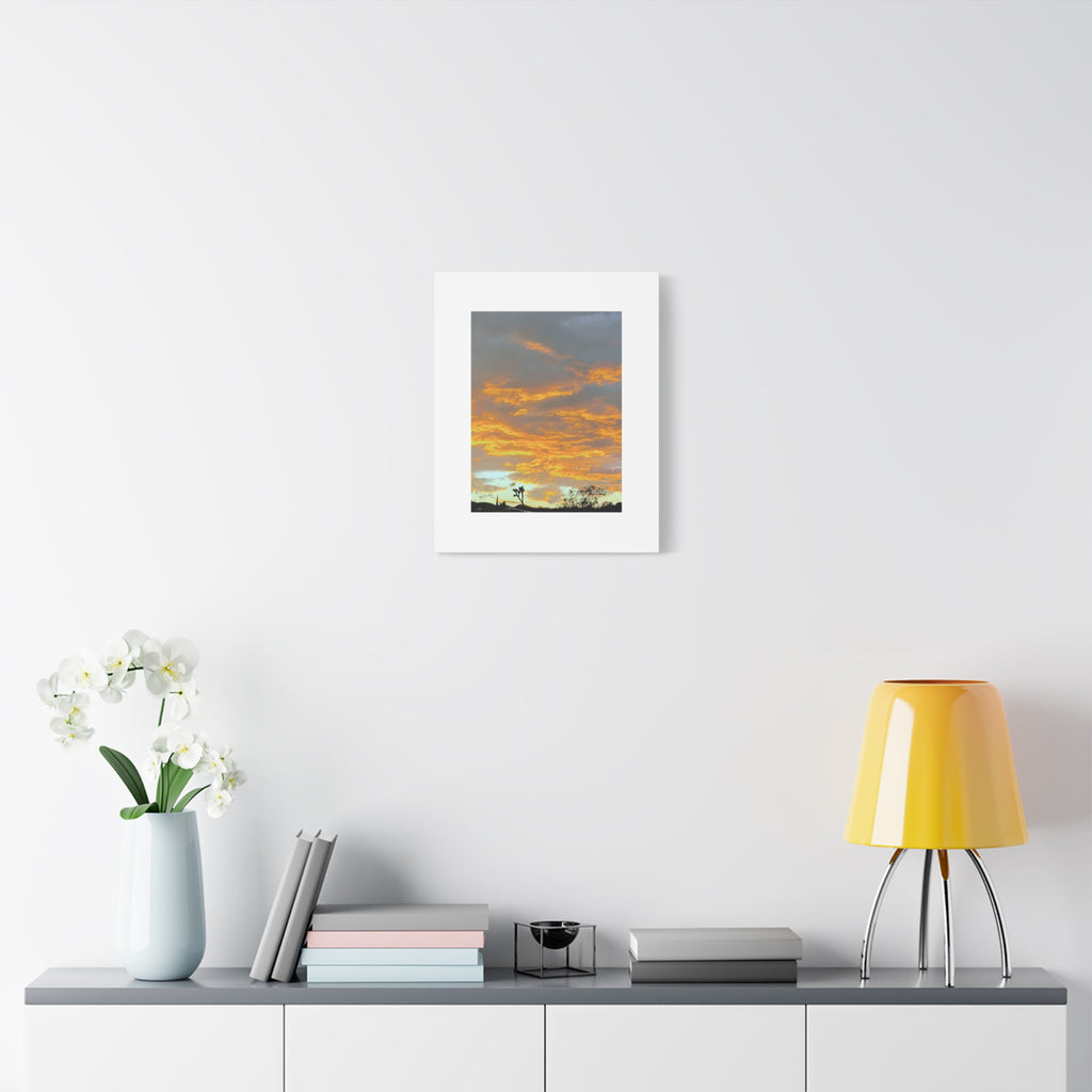 Joshua Tree Fire Sky Print — Golden Sunset Clouds Desert Silhouette Wall Art