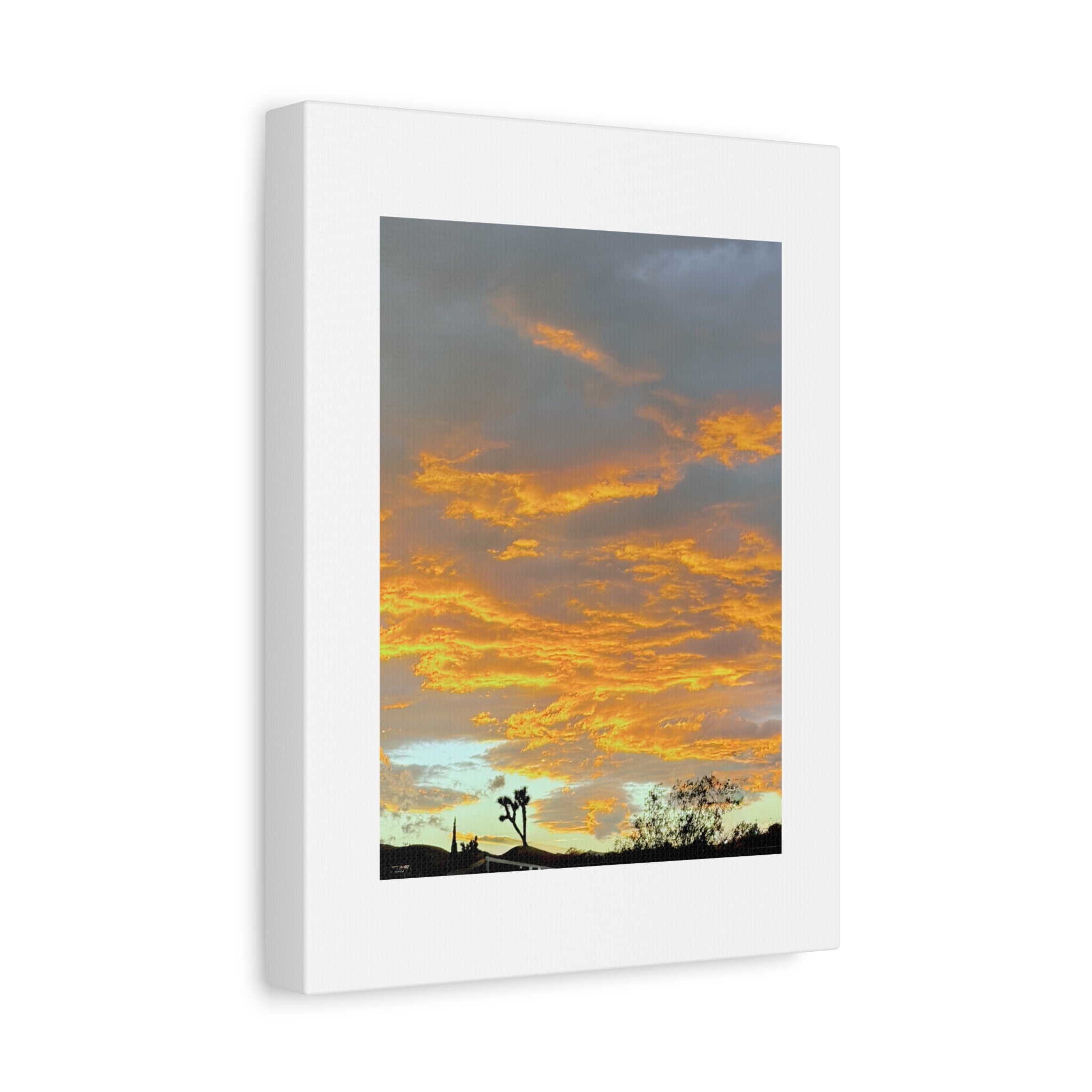 Joshua Tree Fire Sky Print — Golden Sunset Clouds Desert Silhouette Wall Art