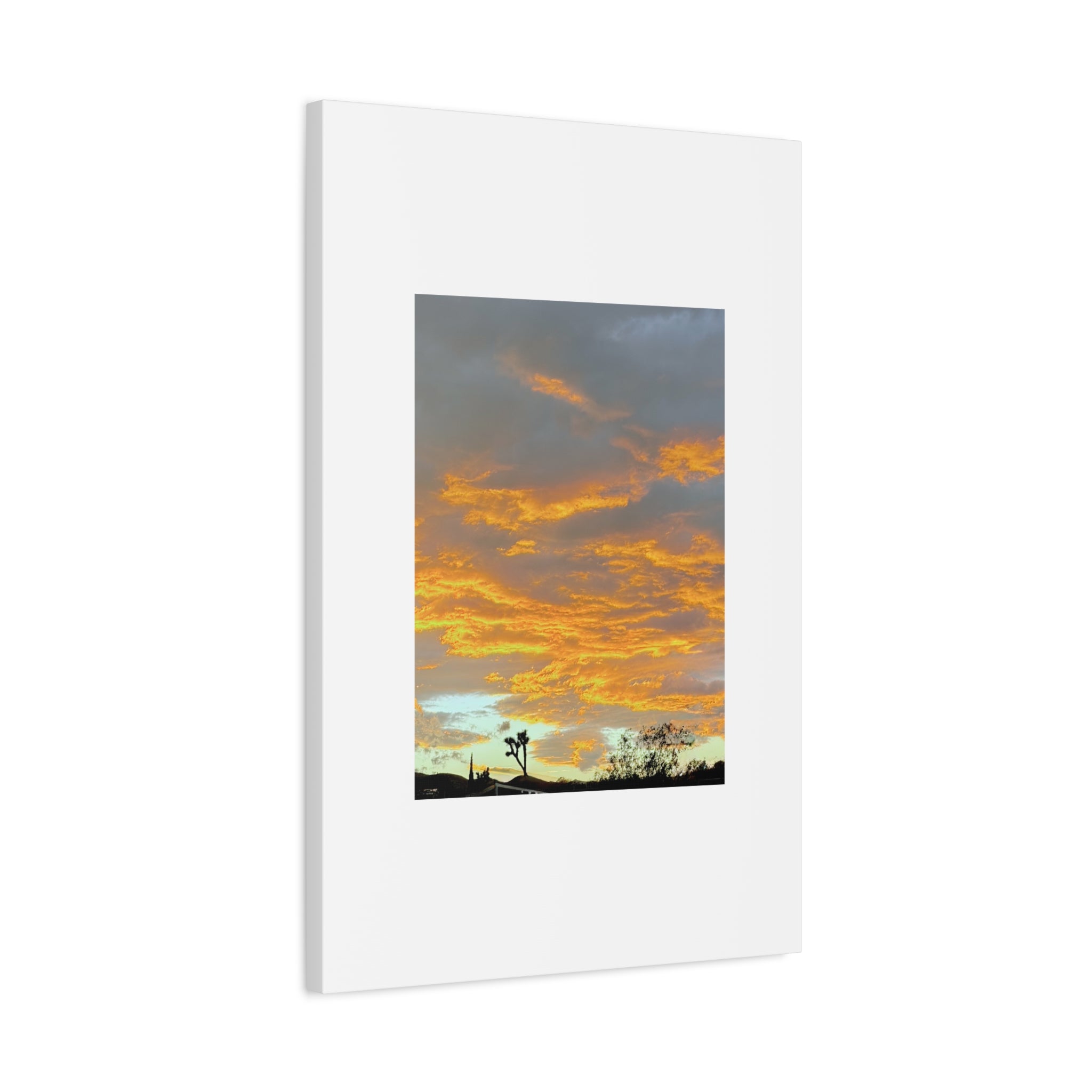 Joshua Tree Fire Sky Print — Golden Sunset Clouds Desert Silhouette Wall Art