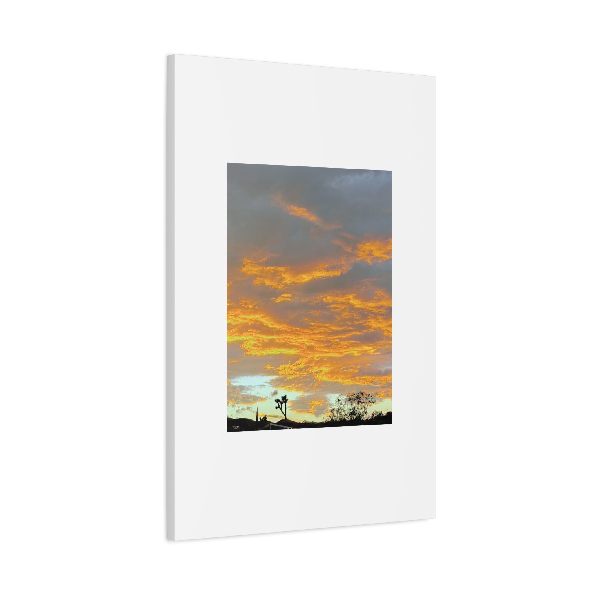 Joshua Tree Fire Sky Print — Golden Sunset Clouds Desert Silhouette Wall Art