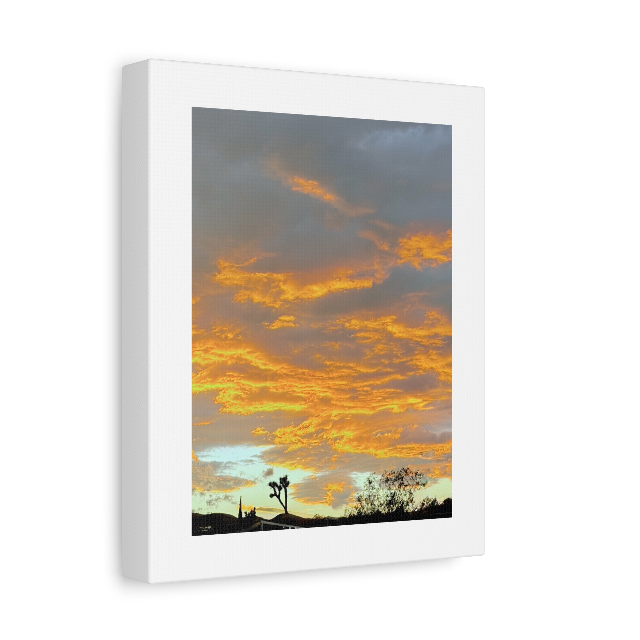 Joshua Tree Fire Sky Print — Golden Sunset Clouds Desert Silhouette Wall Art