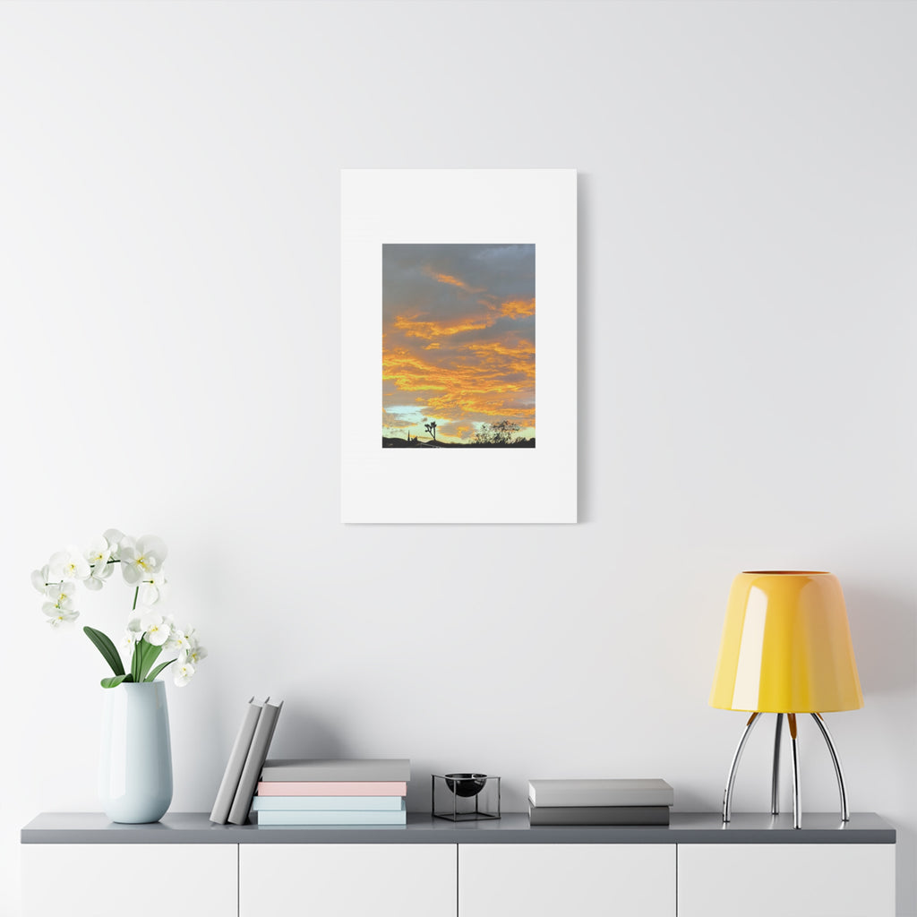 Joshua Tree Fire Sky Print — Golden Sunset Clouds Desert Silhouette Wall Art