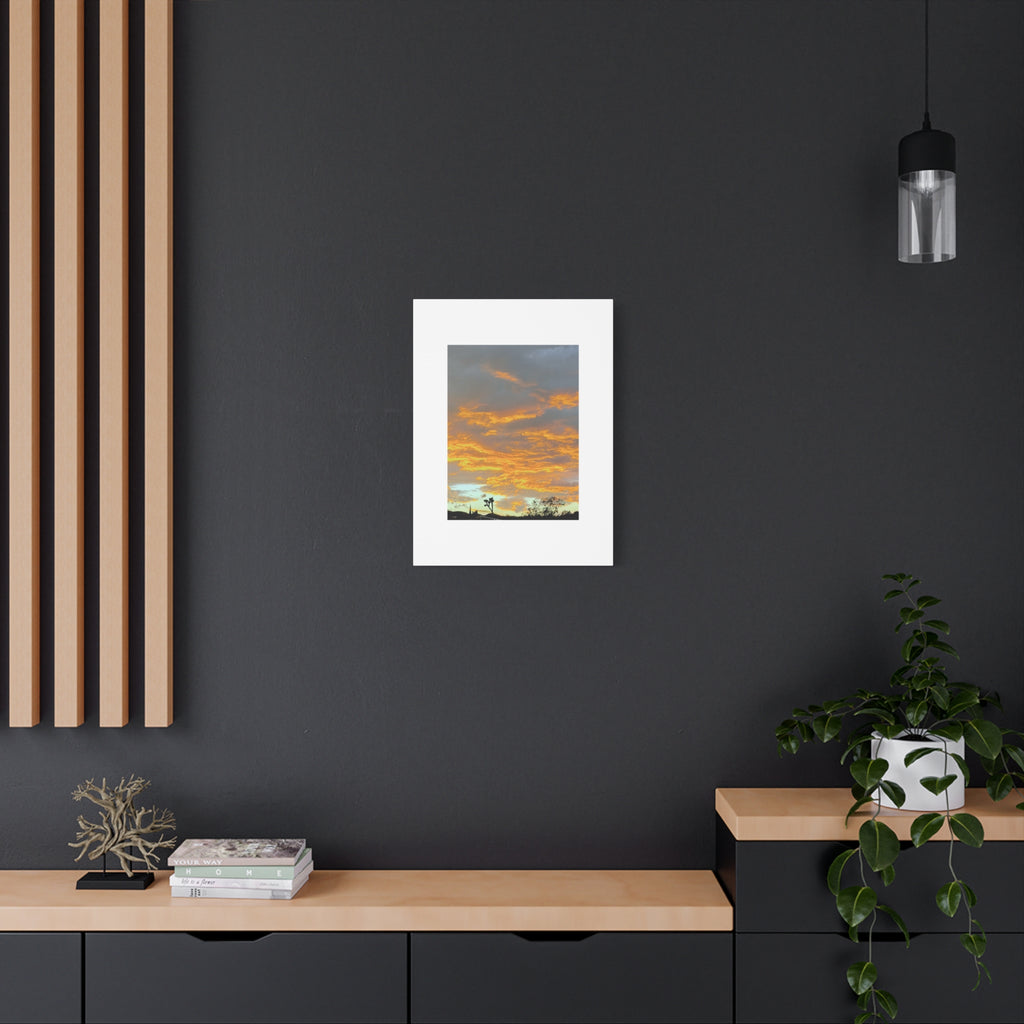 Joshua Tree Fire Sky Print — Golden Sunset Clouds Desert Silhouette Wall Art