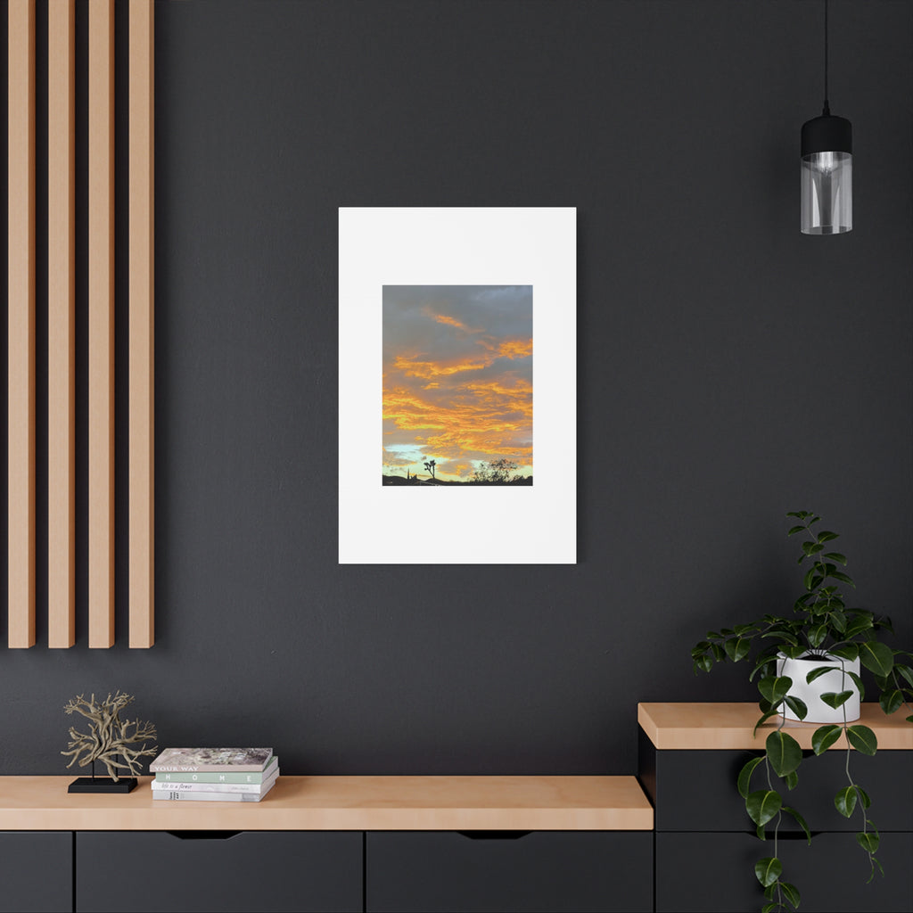 Joshua Tree Fire Sky Print — Golden Sunset Clouds Desert Silhouette Wall Art