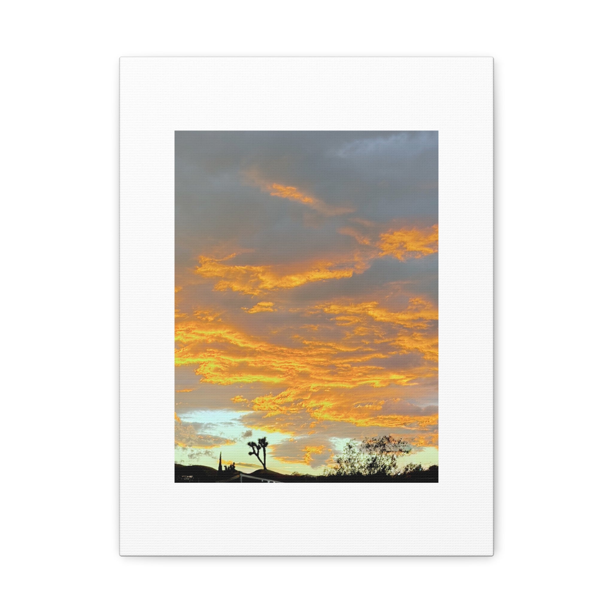 Joshua Tree Fire Sky Print — Golden Sunset Clouds Desert Silhouette Wall Art