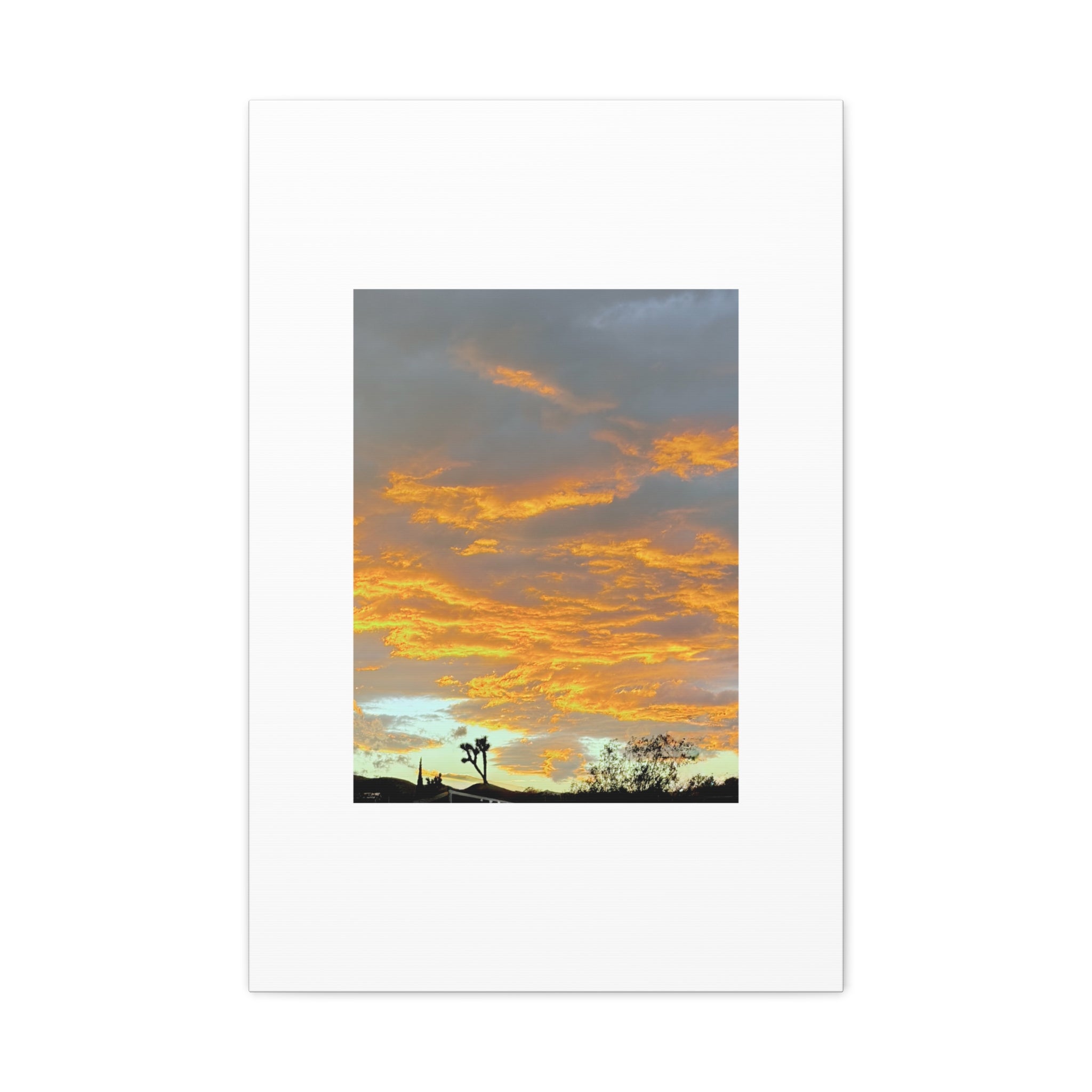 Joshua Tree Fire Sky Print — Golden Sunset Clouds Desert Silhouette Wall Art