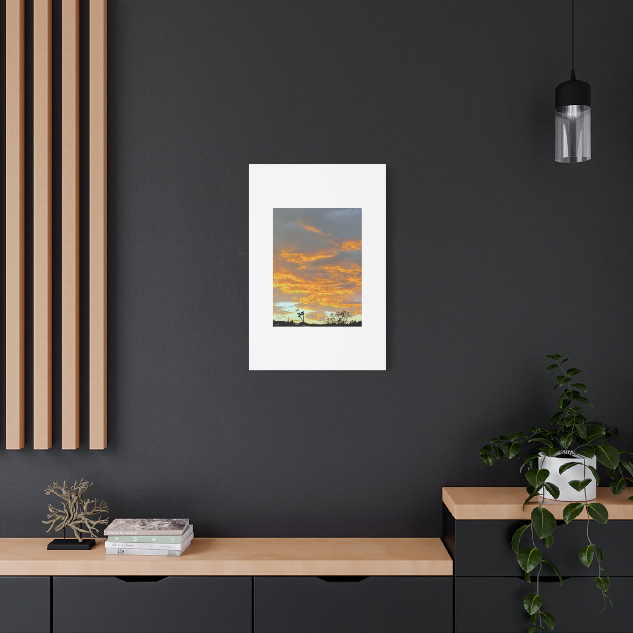 Joshua Tree Fire Sky Print — Golden Sunset Clouds Desert Silhouette Wall Art