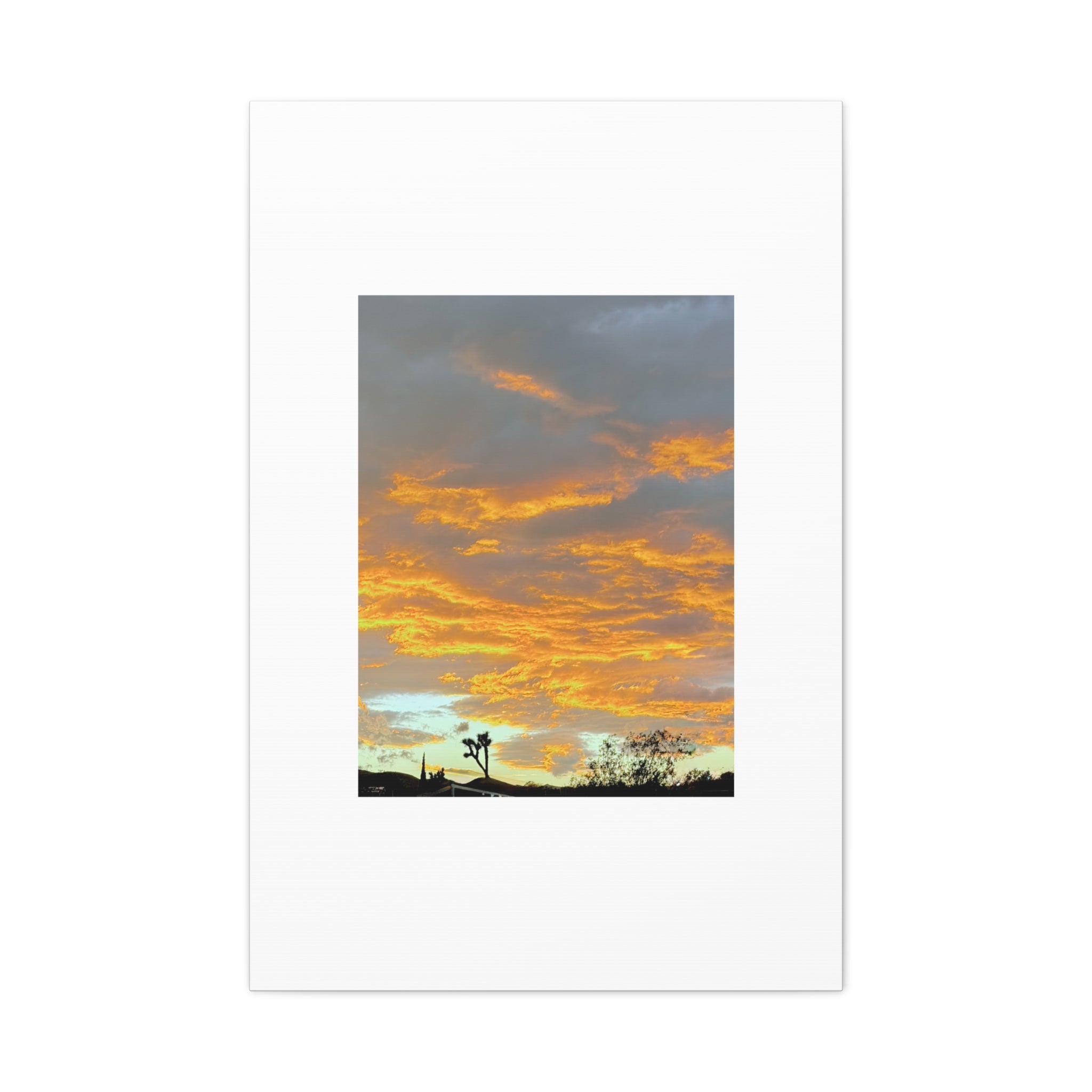 Joshua Tree Fire Sky Print — Golden Sunset Clouds Desert Silhouette Wall Art