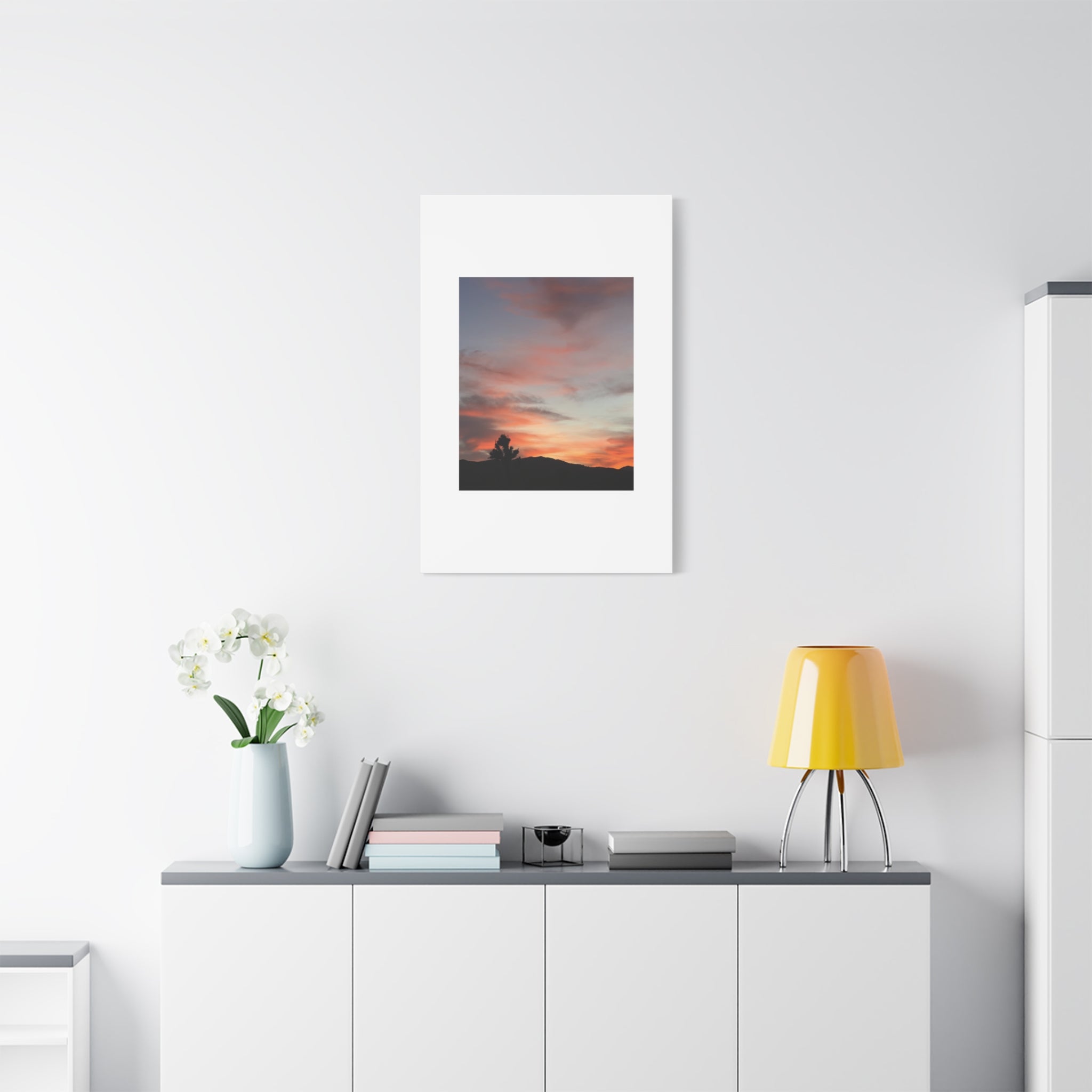 Joshua Tree Pink Sunset Print — Peach Sky Desert Silhouette Wall Art