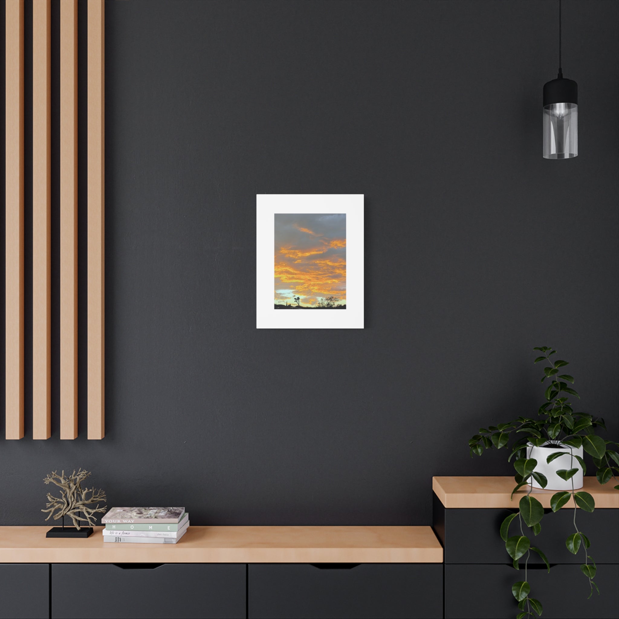 Joshua Tree Fire Sky Print — Golden Sunset Clouds Desert Silhouette Wall Art