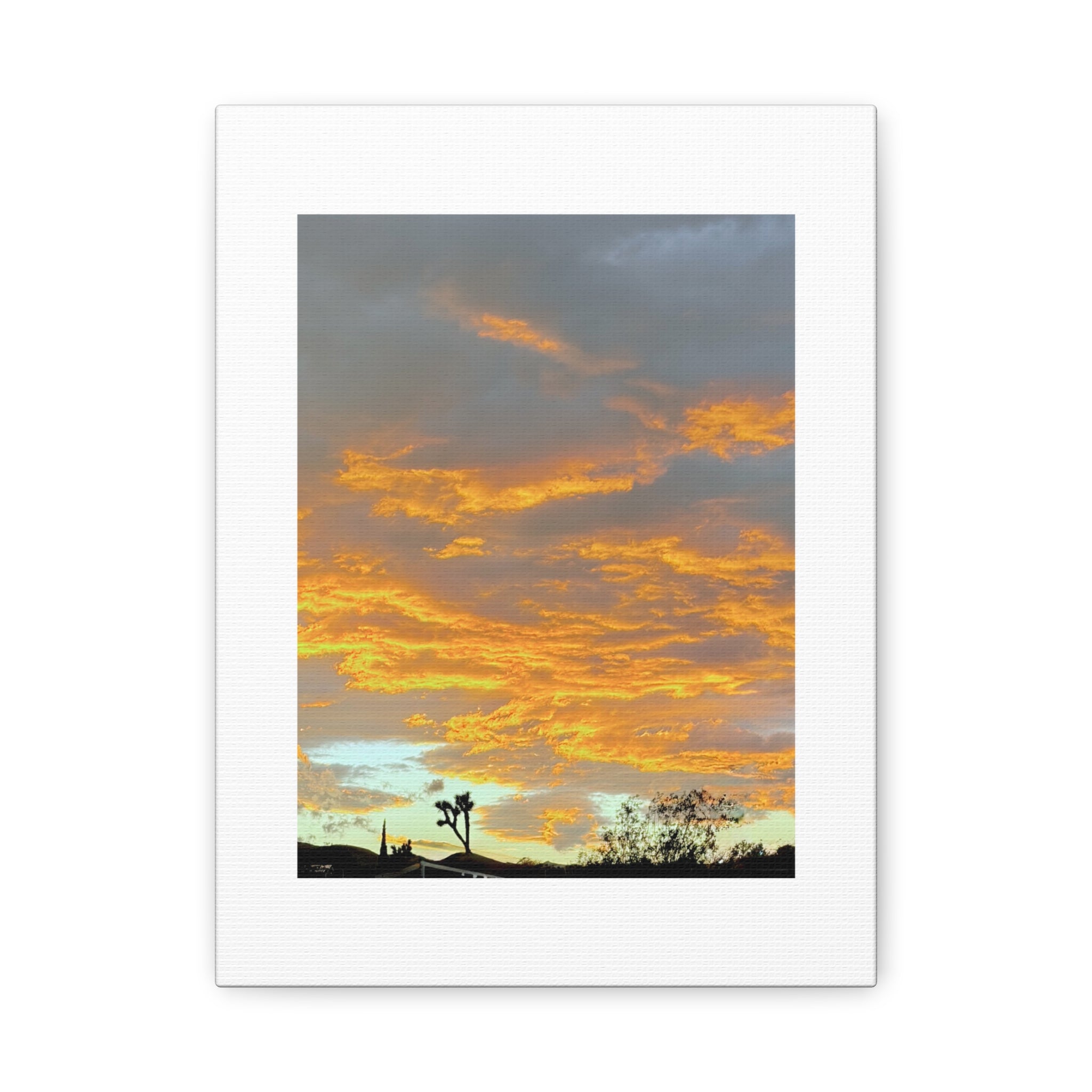 Joshua Tree Fire Sky Print — Golden Sunset Clouds Desert Silhouette Wall Art