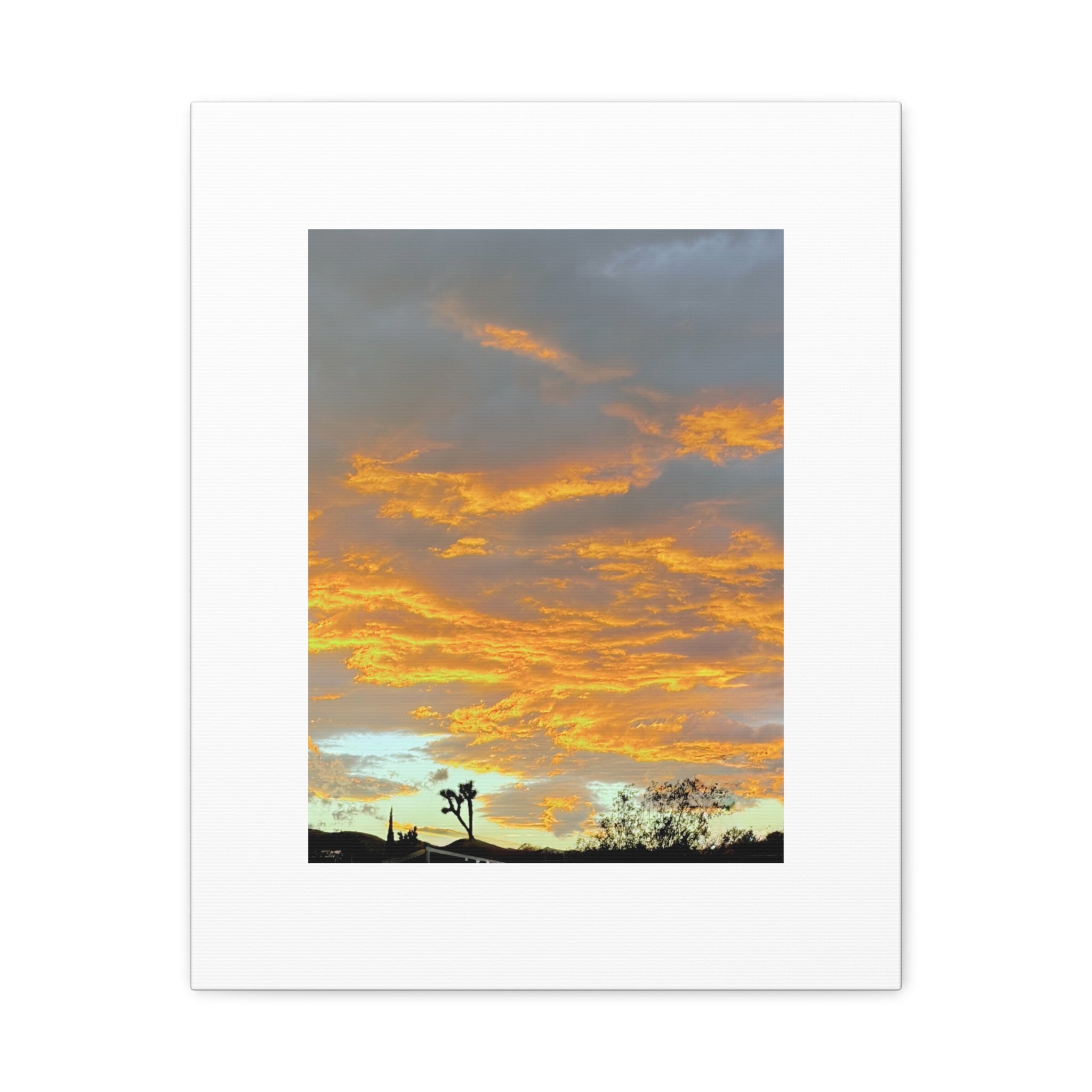Joshua Tree Fire Sky Print — Golden Sunset Clouds Desert Silhouette Wall Art