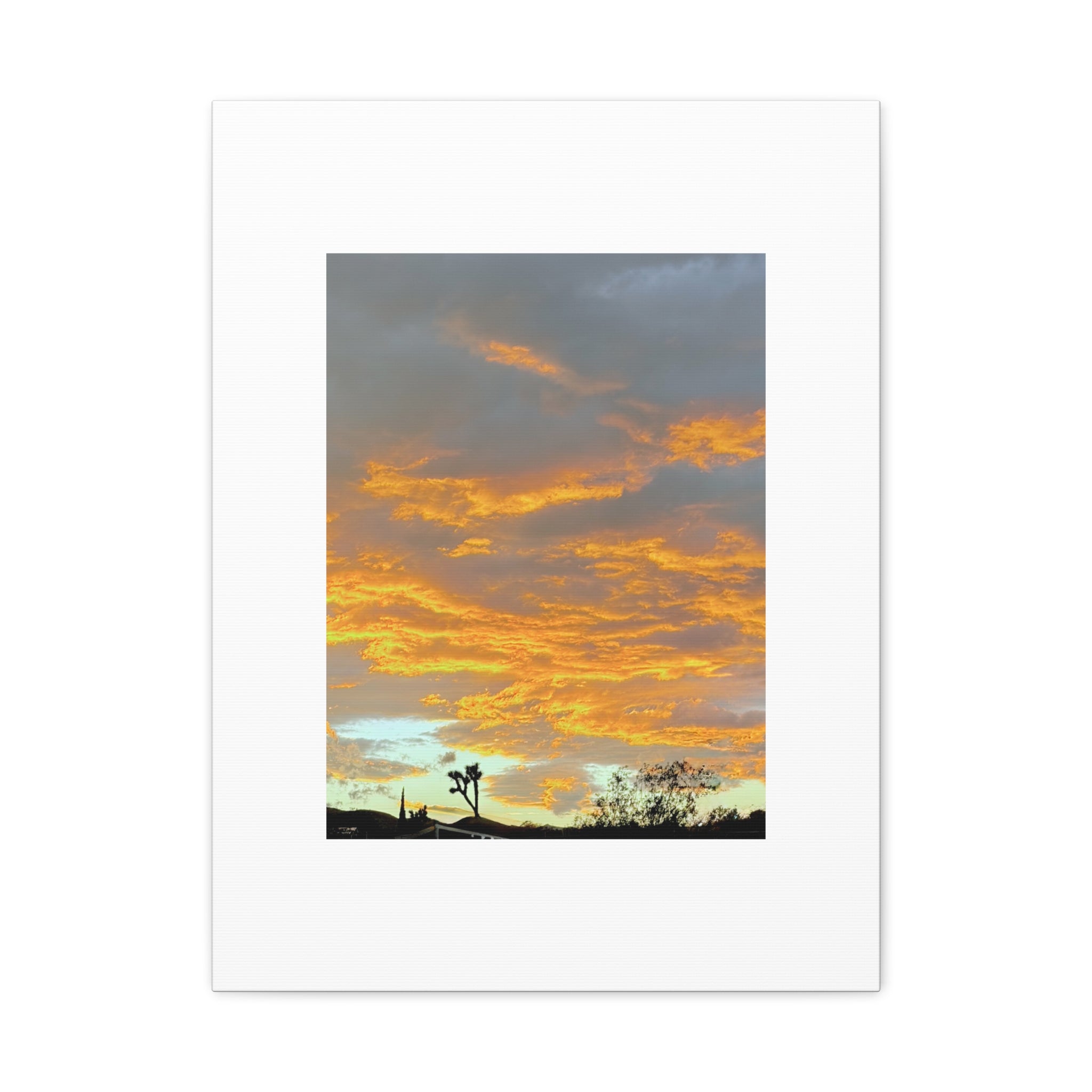 Joshua Tree Fire Sky Print — Golden Sunset Clouds Desert Silhouette Wall Art