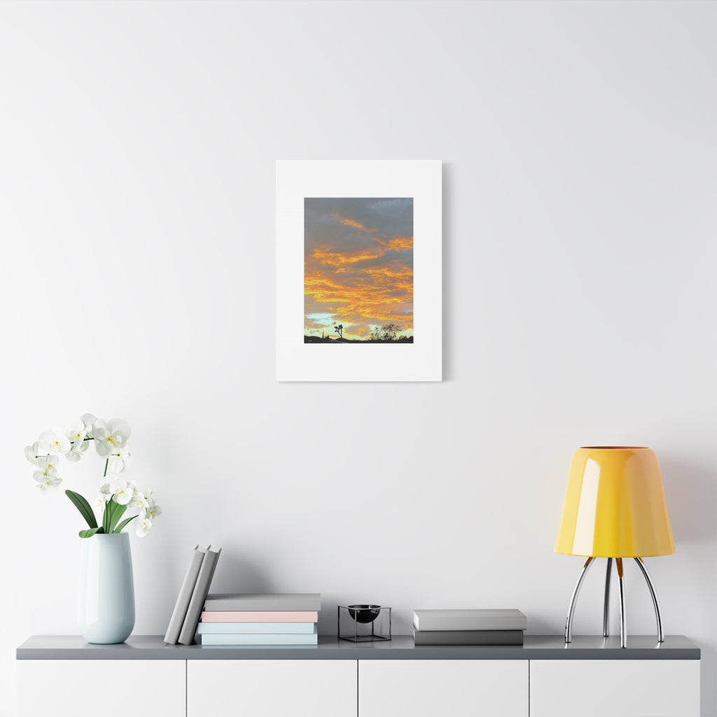 Joshua Tree Fire Sky Print — Golden Sunset Clouds Desert Silhouette Wall Art