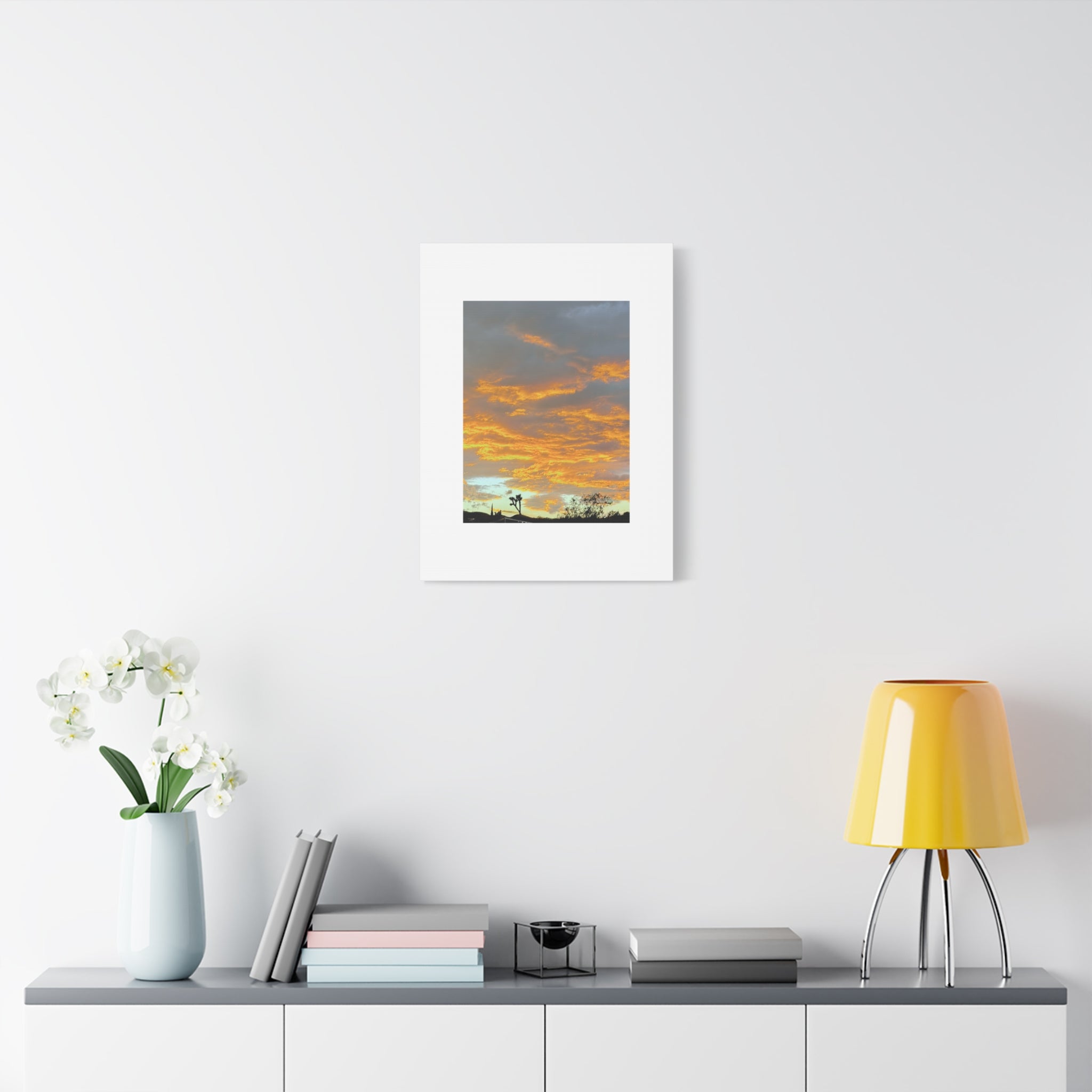 Joshua Tree Fire Sky Print — Golden Sunset Clouds Desert Silhouette Wall Art